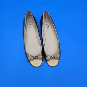 Michael Kors Womens Leather Gold‎ Bow Flats Size 9.5M Peep Toe Shoes